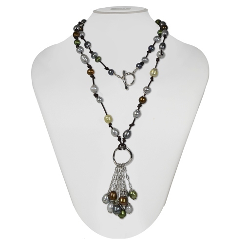 Sterling Silver 7-10mm Dark Multi Ringed Freshwater Cultured Pearl on Chocolate Leather 36 Tassle Necklace