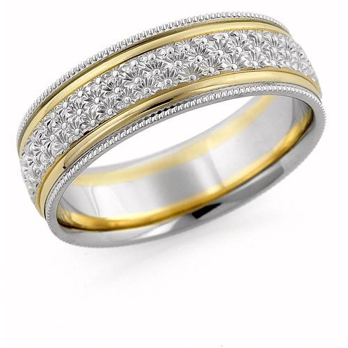 7mm Natural Two-tone Gold, Hand Chaised Classic Flower  Wedding Ring
