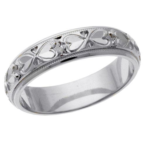 5mm White Gold, Hand Engraved Classic Heart Design Wedding Ring