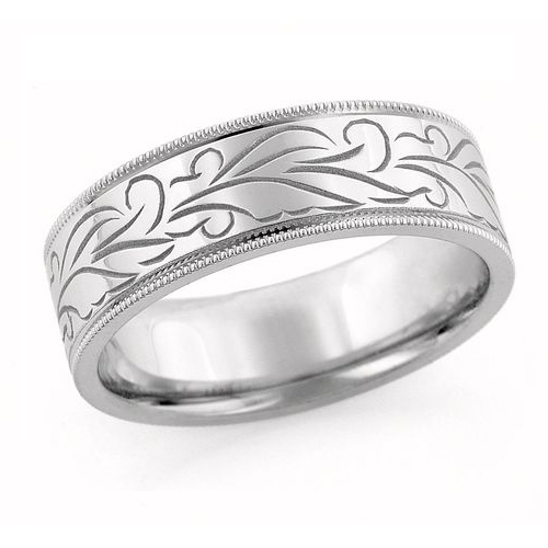 7mm White Gold, Hand Engraved Contemporary Floral Design Wedding Ring