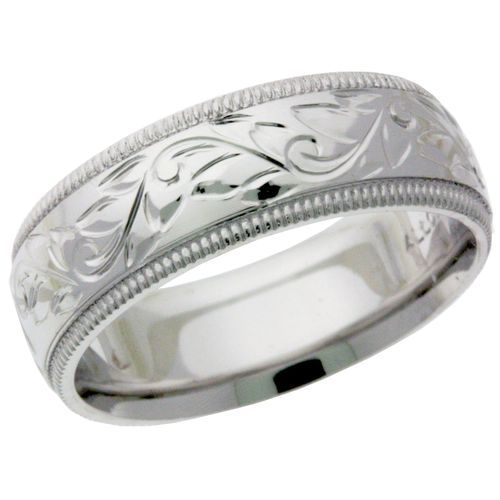 7mm White Gold, Hand Engraved Classic Design Wedding Ring